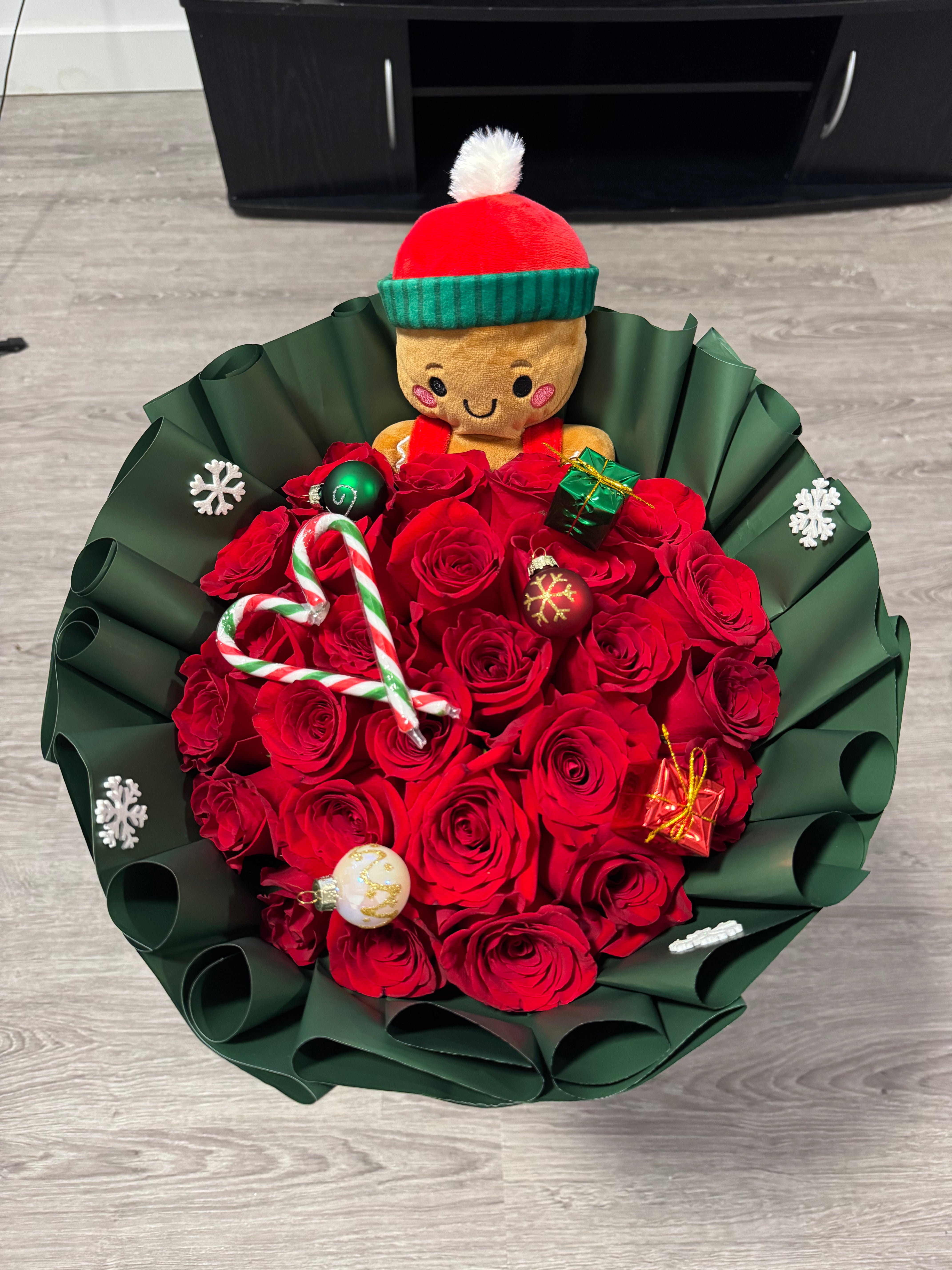 Christmas Bouquet with Plush Gingerbread & Ornaments
