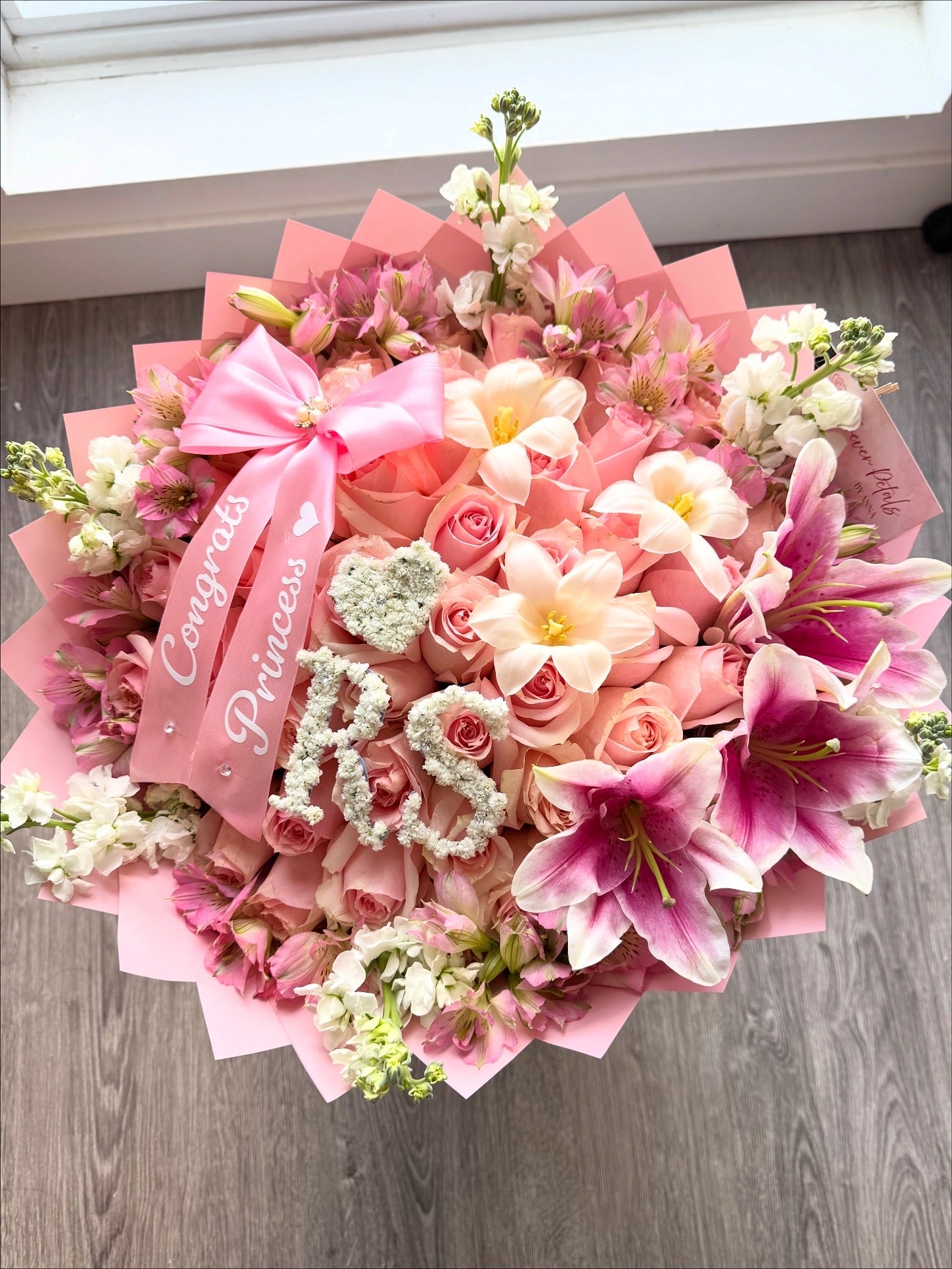 Pink Rose, Lily & Tulip Bouquet – Custom Initials with Congrats Princess Ribbon