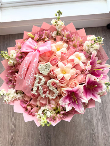 Pink Rose, Lily & Tulip Bouquet – Custom Initials with Congrats Princess Ribbon