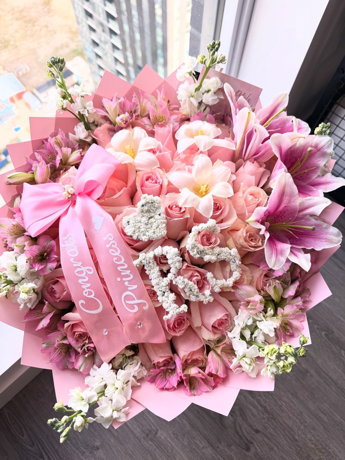 Pink Rose, Lily & Tulip Bouquet – Custom Initials with Congrats Princess Ribbon