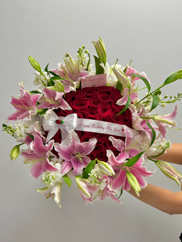 Luxury 50 Red Roses Bouquet + Lilies Rim – “Happy Birthday My Love” Edition