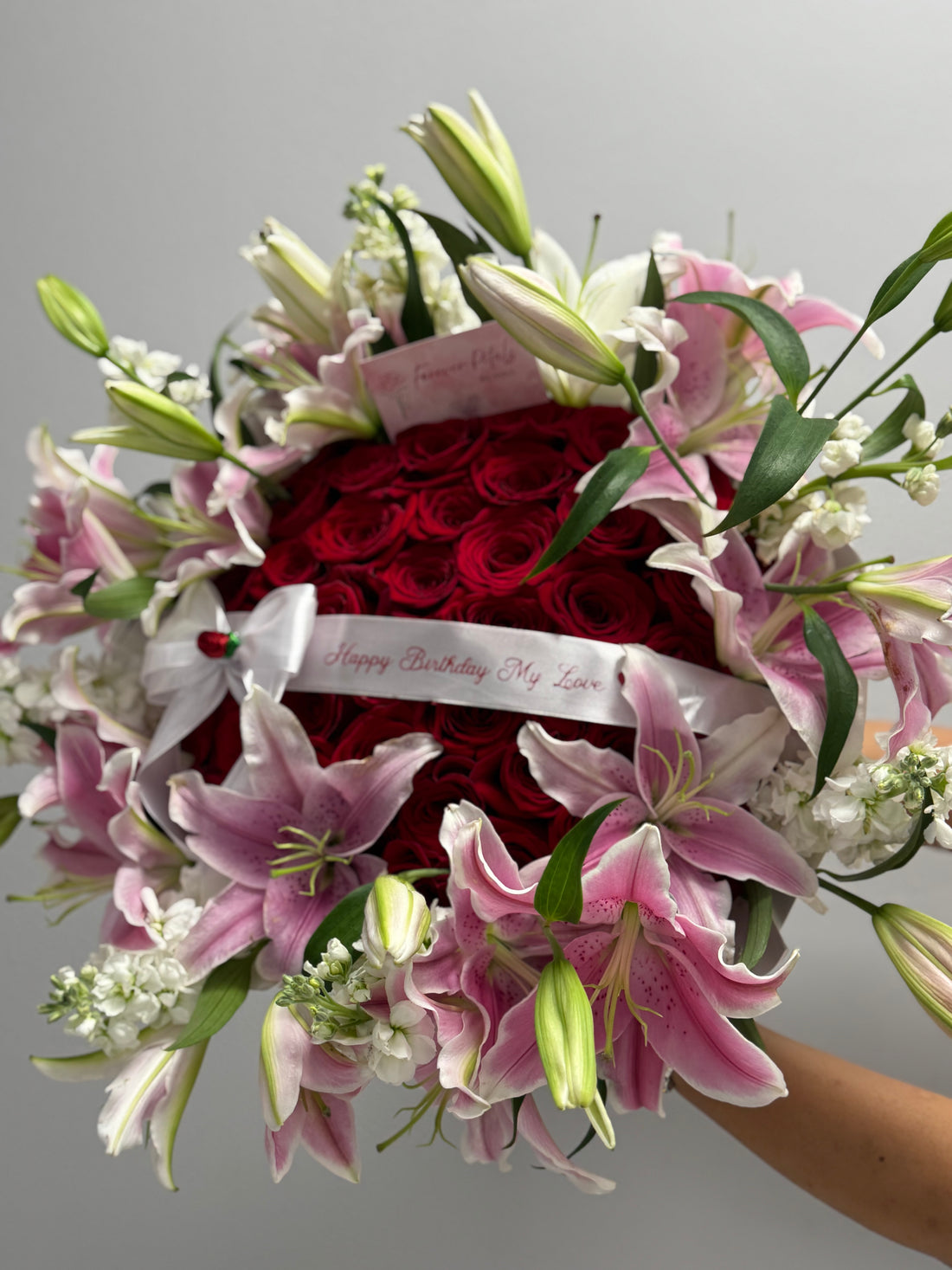 Luxury 50 Red Roses Bouquet + Lilies Rim – “Happy Birthday My Love” Edition