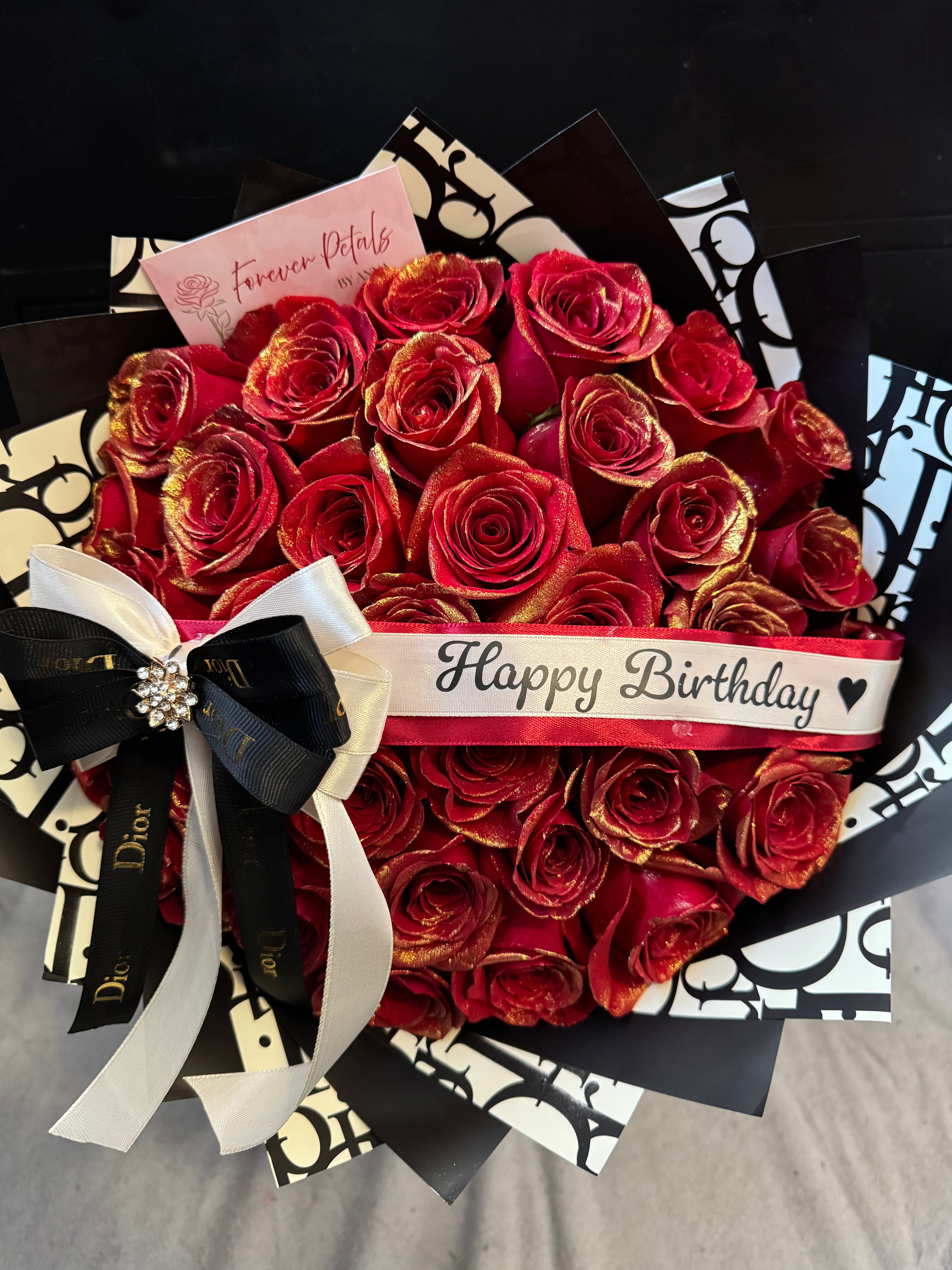 Luxury Red & Gold Rose Bouquet – Dior Wrapping