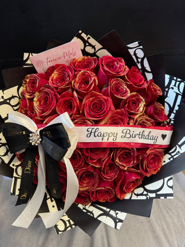 Luxury Red & Gold Rose Bouquet – Dior Wrapping