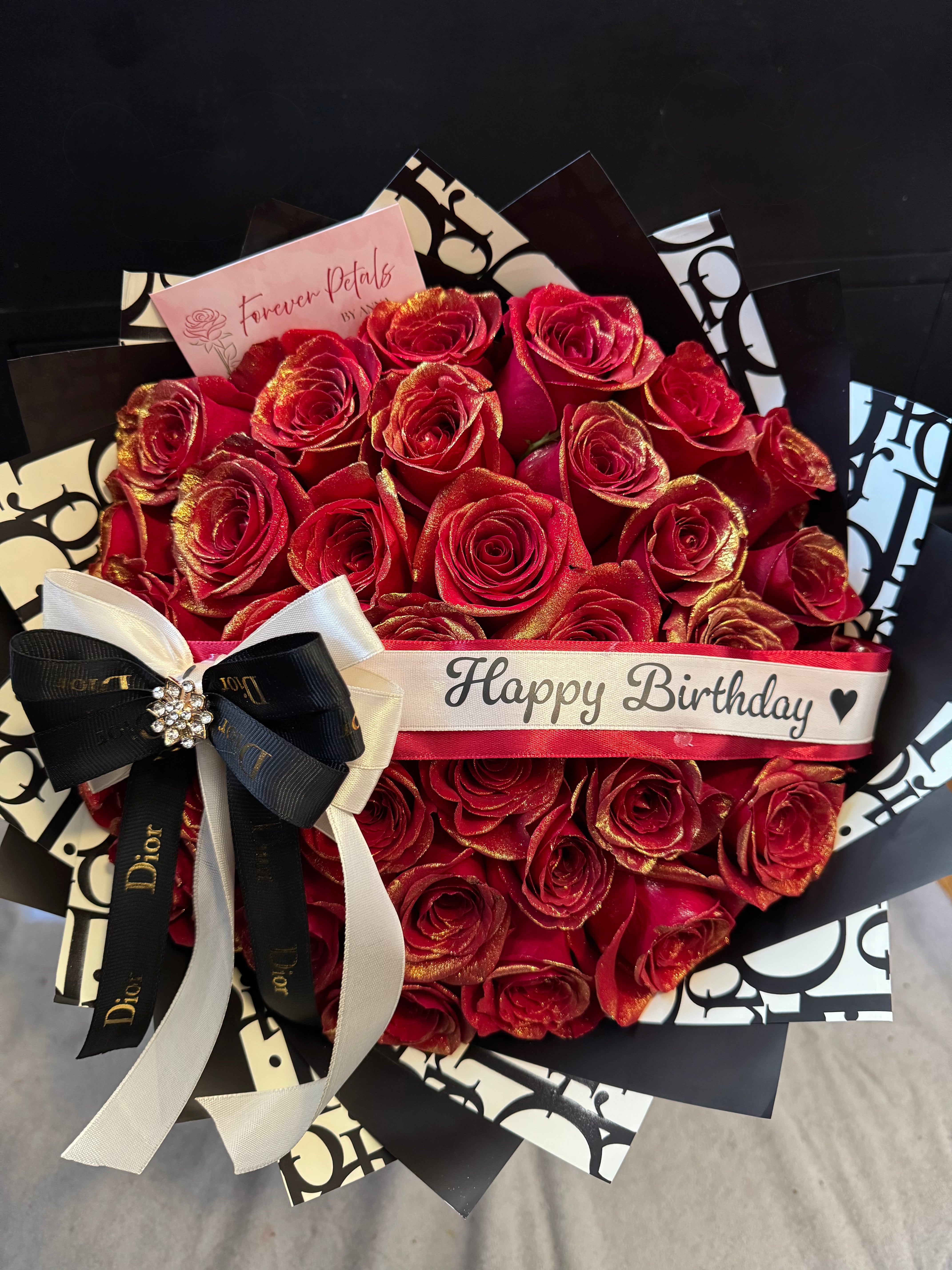 Luxury Red & Gold Rose Bouquet – Dior Wrapping