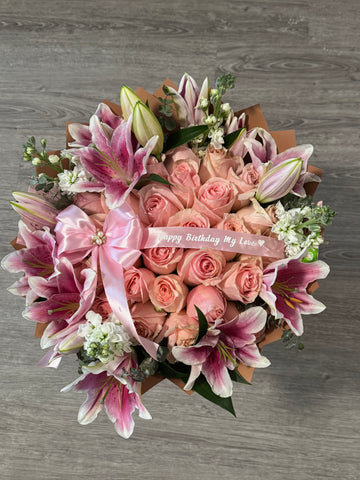 Elegant Pink Rose & Lily Bouquet – “Happy Birthday My Love” Banner