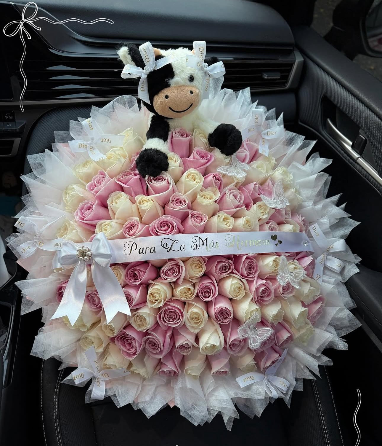 100 Count Pink & Cream Rose Bouquet with Plush Cow