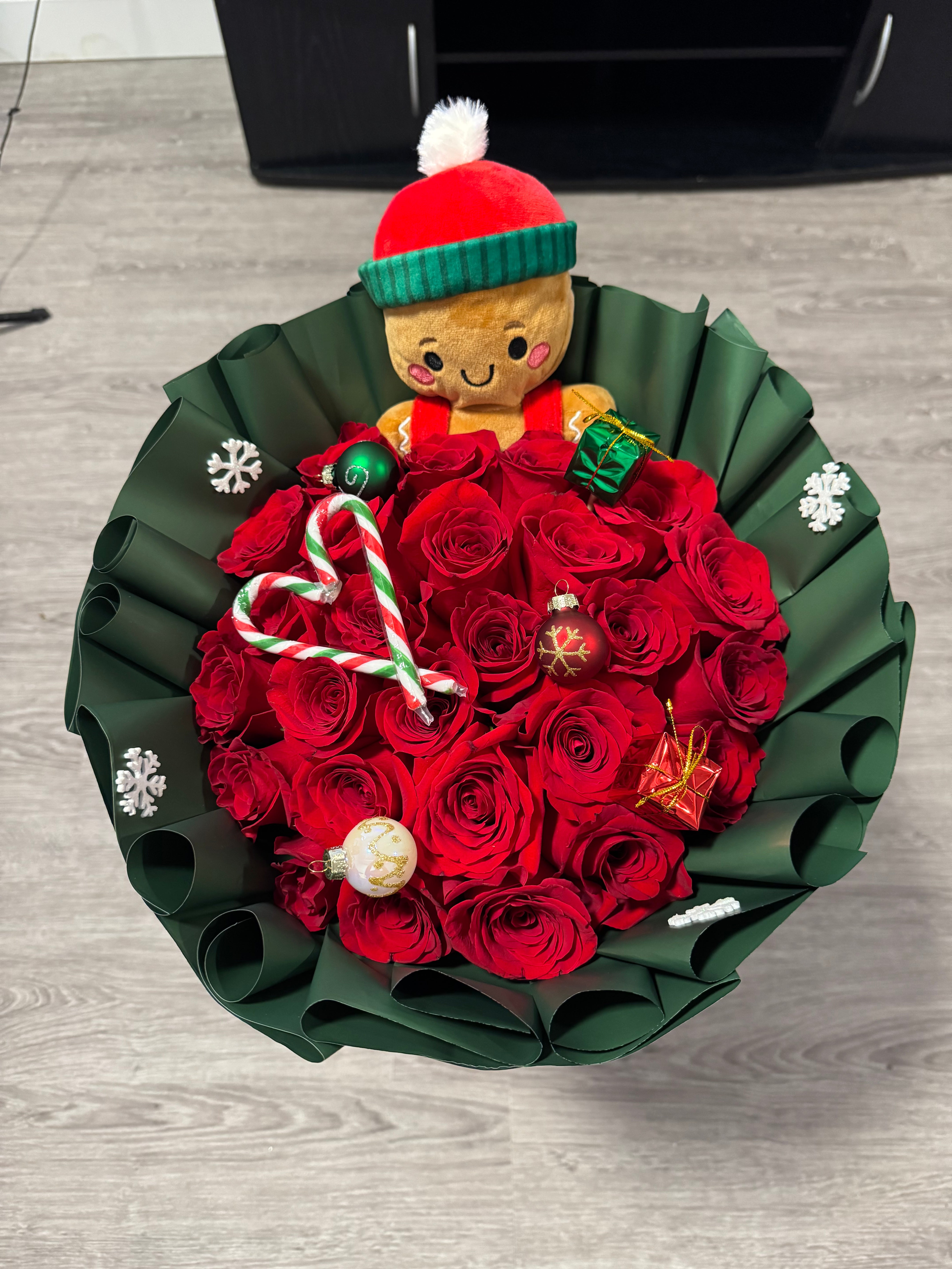 Christmas Bouquet with Plush Gingerbread & Ornaments