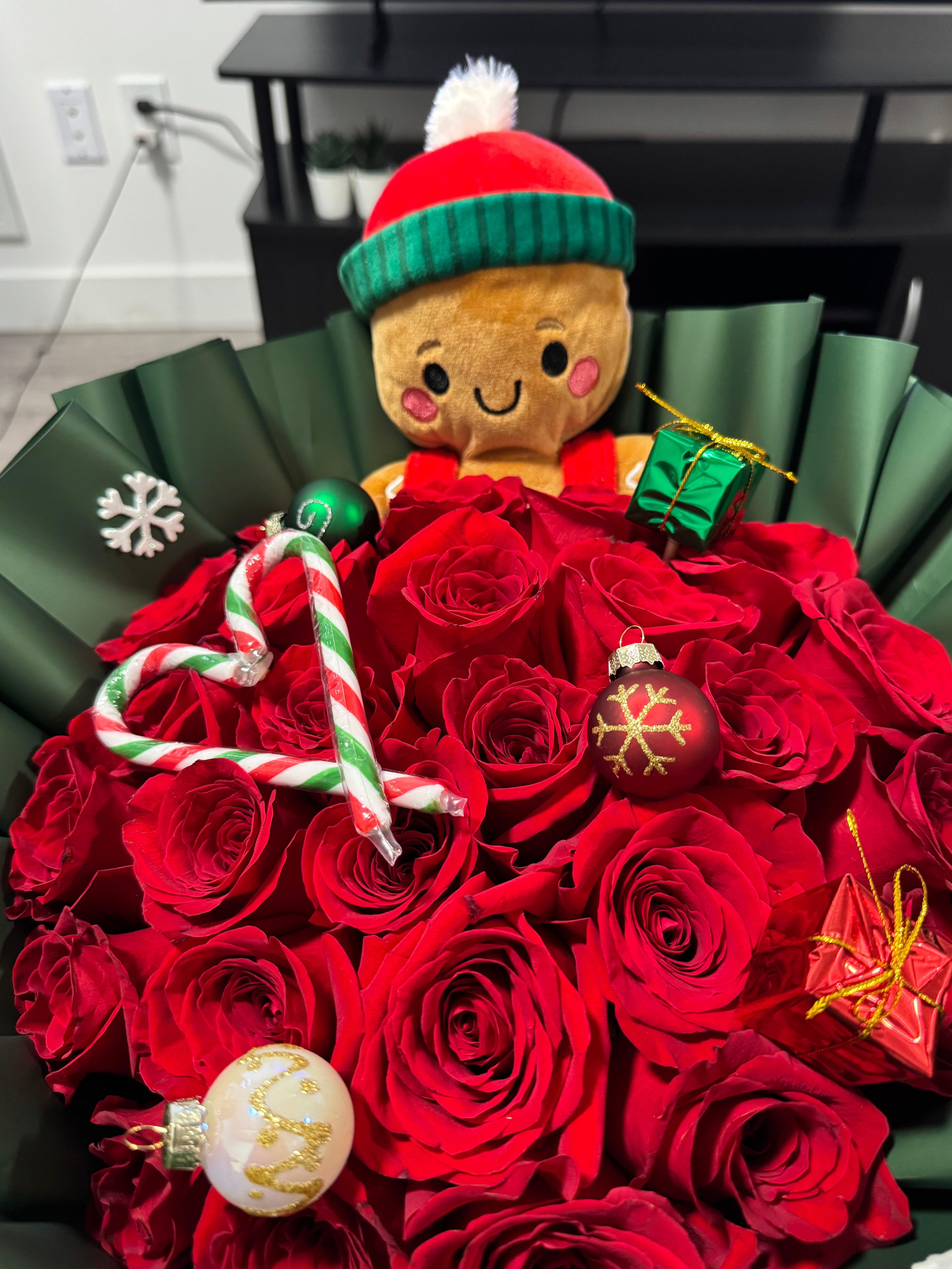 Christmas Bouquet with Plush Gingerbread & Ornaments